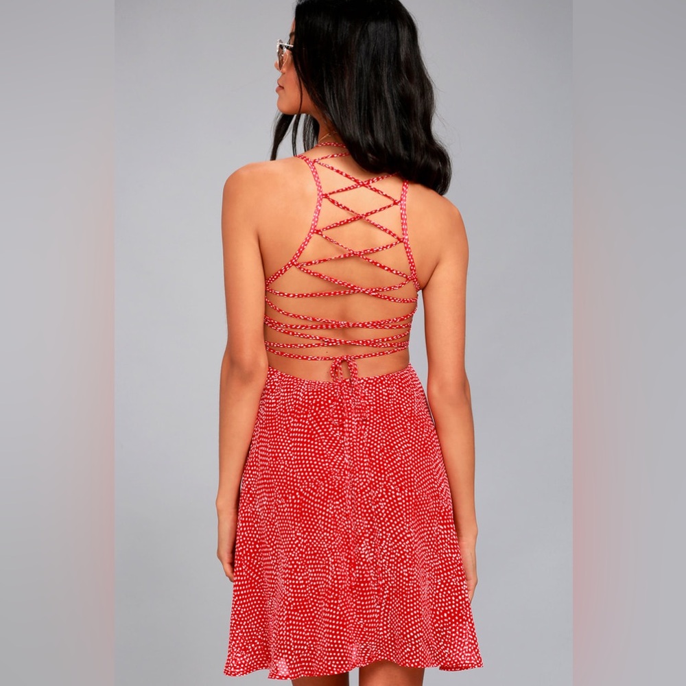 Lulu’s Red Polka Dot Lace-Up Dress, size small
